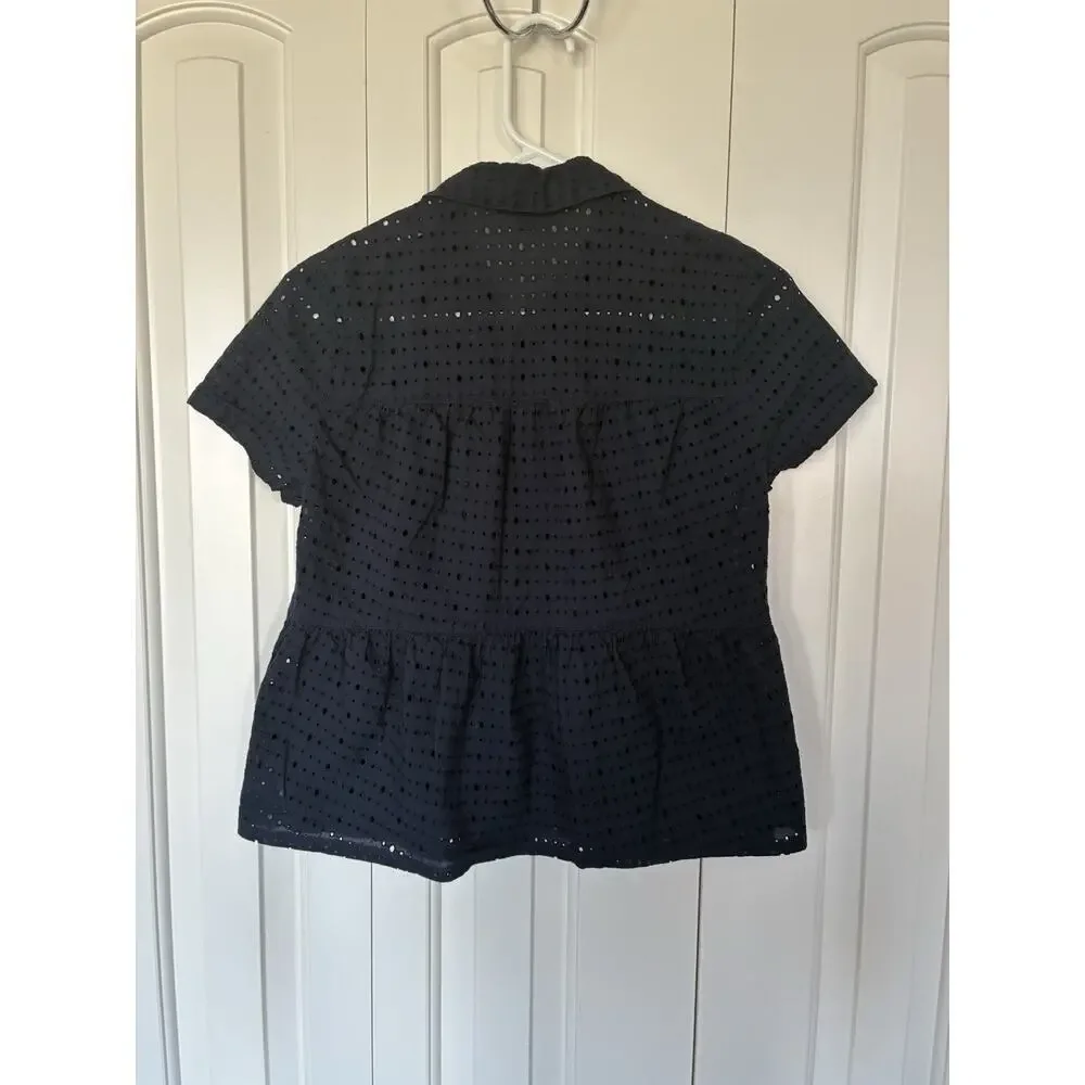 Madewell Navy Blue Blouse Eyelet Seamed Button Down Shirt 100% Cotton Sz XS - Picture 4 of 4